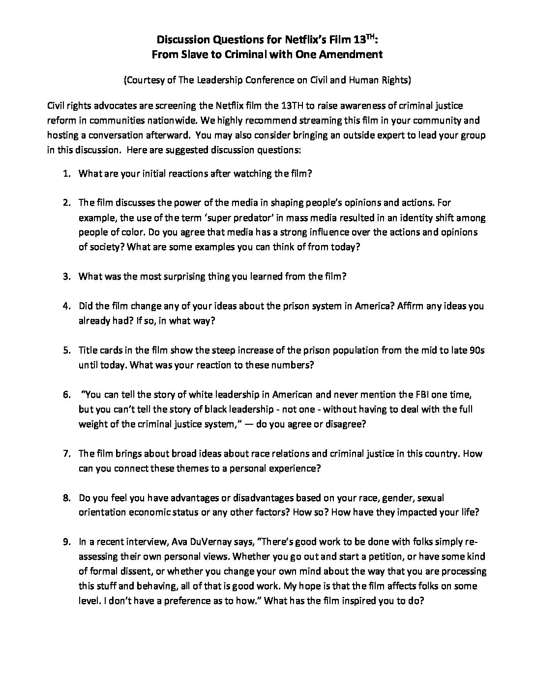 13th documentary discussion questions